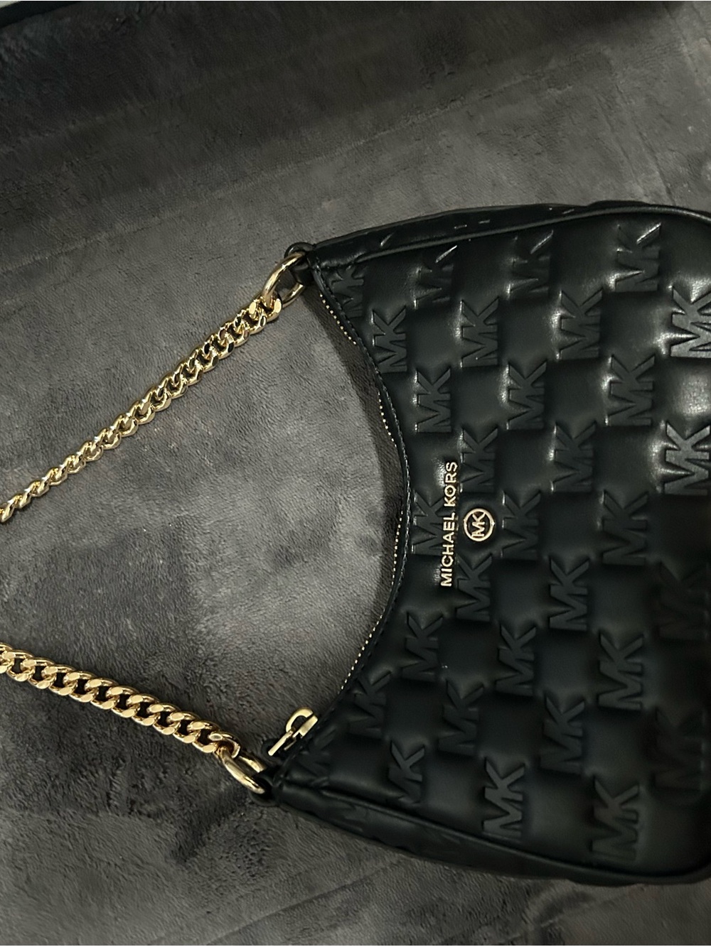 Michael Kors Black Quilted MK Logo Shoulder Bag with Gold Chain Strap